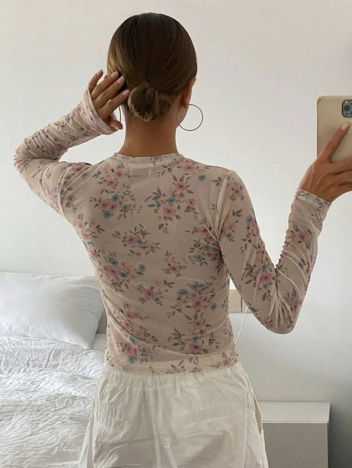 Women 2026 New Autumn Floral Print Mesh Long Sleeve T‑Shirt Round Neck Sheer See‑Through Slim Fit Cropped Layering Top Spicy Gir view 5