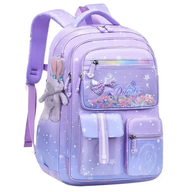 Primary Bow Knot Schoolbag With Rabbit Pendant For Girls Kids size Backpack Waterproof Orthopaedics School bag