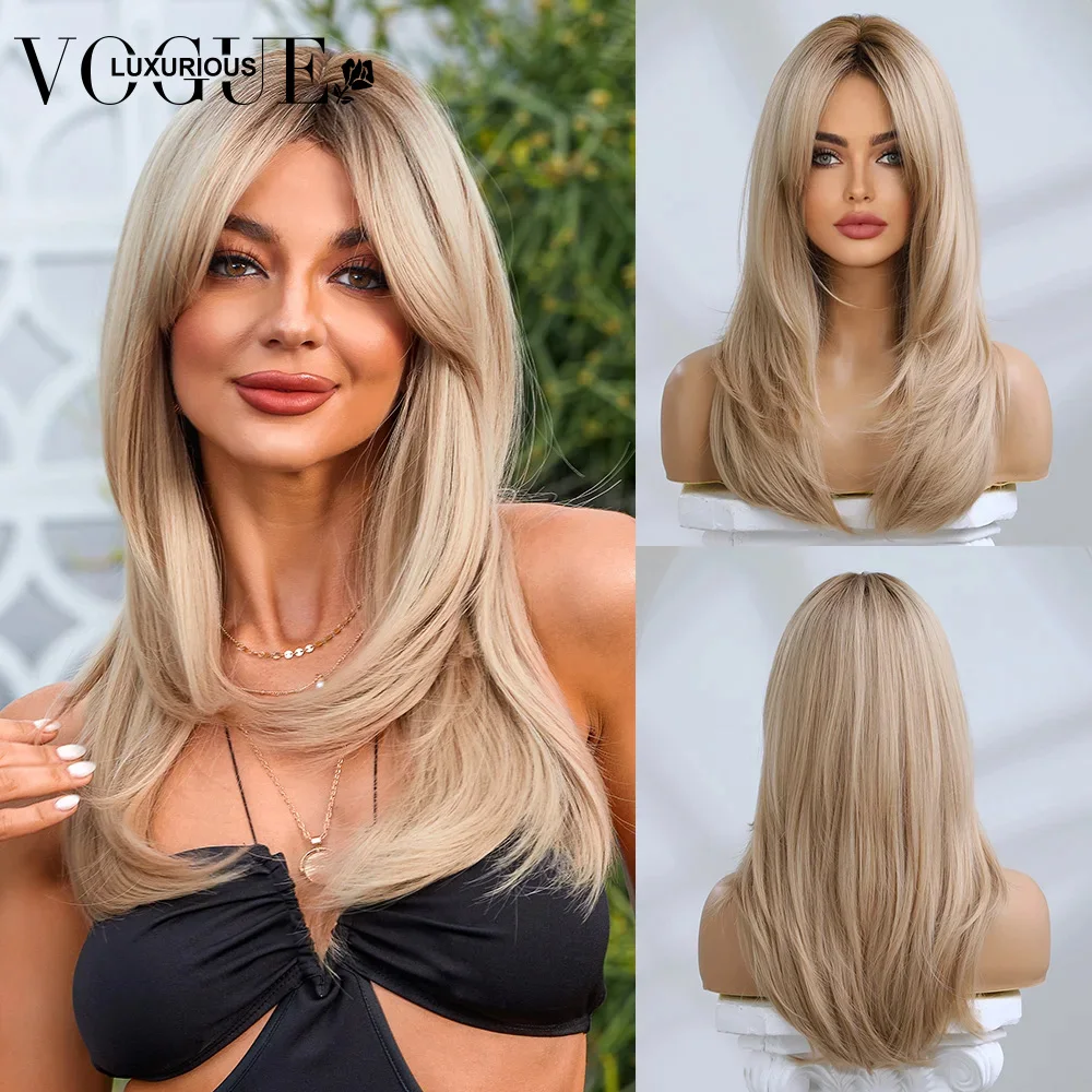 Ombre Platinum Blonde Straight Glueless Human Hair Wigs Lace Closure Layer With Bangs Natural Hairline Wig For Woman On Sale