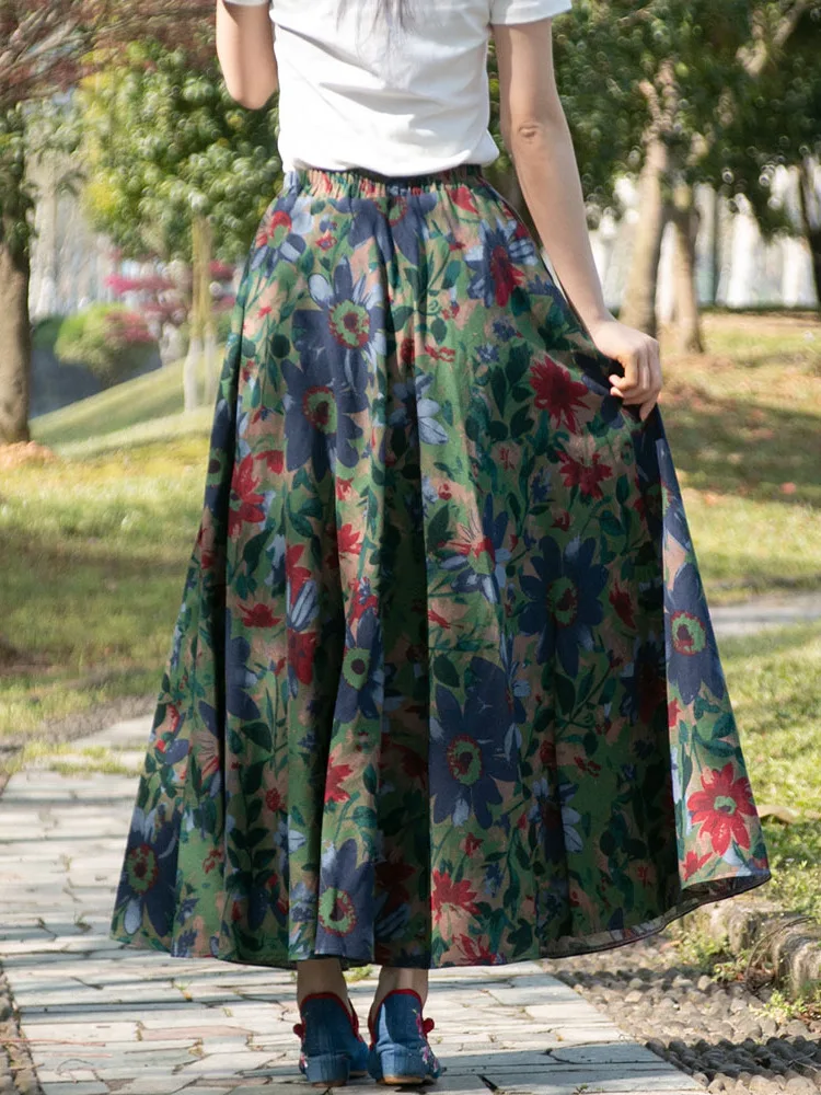 TIYIHAILEY Long Maxi Women Cotton And Linen Print Skirts Big Hem New Fashion A-line Elastic High Waist 2025 New Flowers