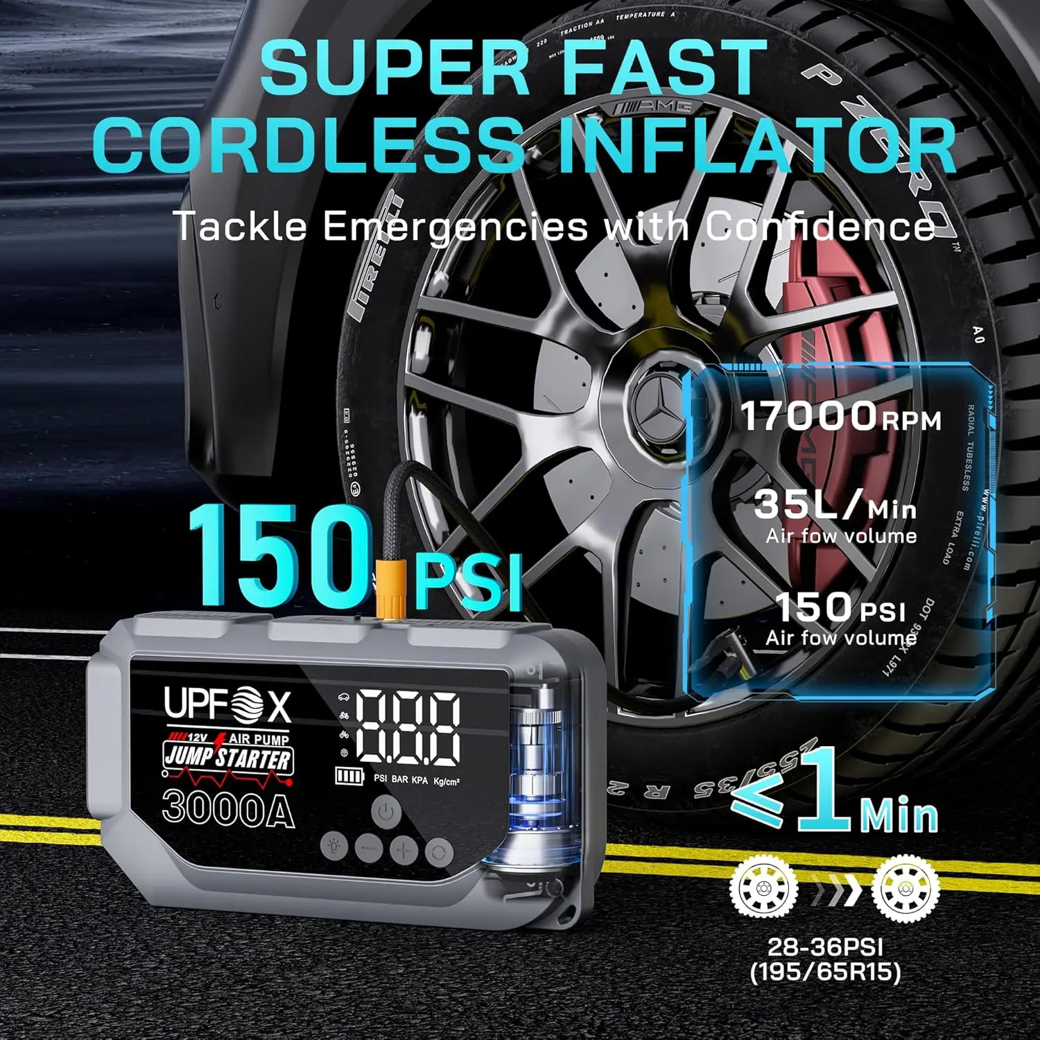 3000A Jump Starter 12V with Air Compressor, 150PSI Tire Inflator, LED Display, 3 Light Modes, Jumper Cables