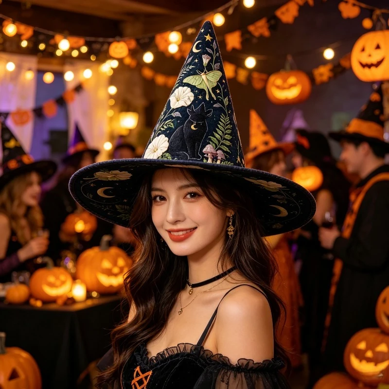 Customization Women' Quilted Witch Hat With Black Cat Luna Moth Moon & Mushroom Floral Print - Wide Brim Soft Wizard Hat