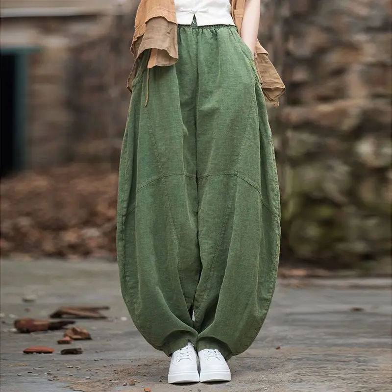 Pantaloni lunghi da donna di fascia alta in lino di cotone primaverile estivo con sabbia fritta vecchie pantaloni larghi da meditazione Tai Chi