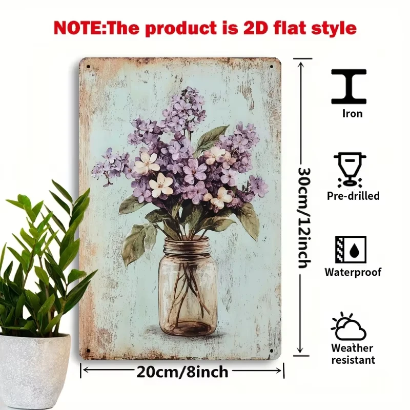 Metal Wall Art Sign - Rustic Violet & Lily Flowers in Wooden Barrel Design, Farmhouse Decor for Bedroom, Dining Room, Country