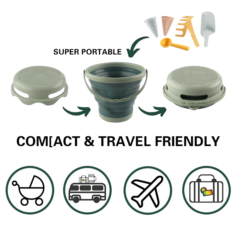 ألعاب الشاطئ دلو قابل للطي دلو حمل قابل للطي دلو رمل 7 في 1 ألعاب، ألعاب آيس كريم مجرفة لعبة شاطئ للأطفال