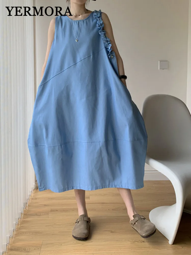 

YERMORA Women Blue Back Zipper Brief Casual Vest Dress Oneck Sleeveless Loose New Sundress Fashion Tide Spring Summer 2025