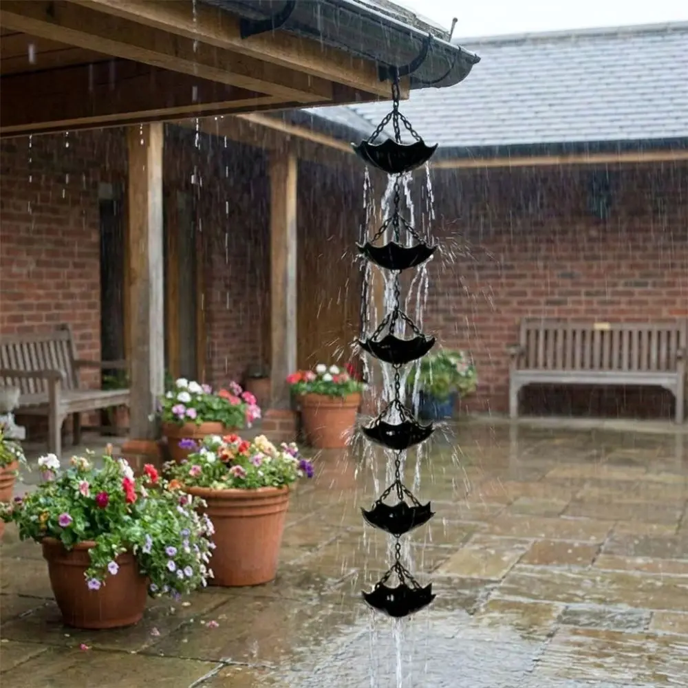 Japanese Style Metal Flowers Rain Chain 7 Cups Weather Resistant Eaves Water Drainage Chain Iron Art Hanging Rain Catcher