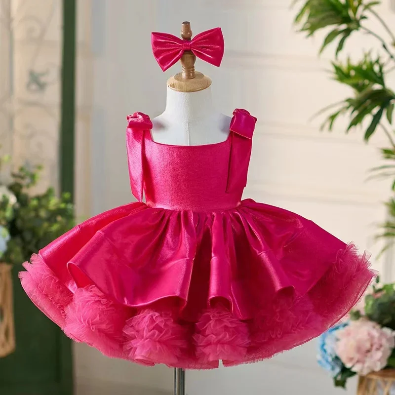 Rose Red Satin Flower Girl Dress For Wedding Knee Length Tulle Puffy Princess Kids Birthday Party First Communion Ball Gowns