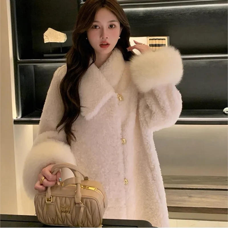 Women's Faux Fur Coat with Hood Oversized Plush Lined Winter Color Block Long Jacket Coats for Cold Weather