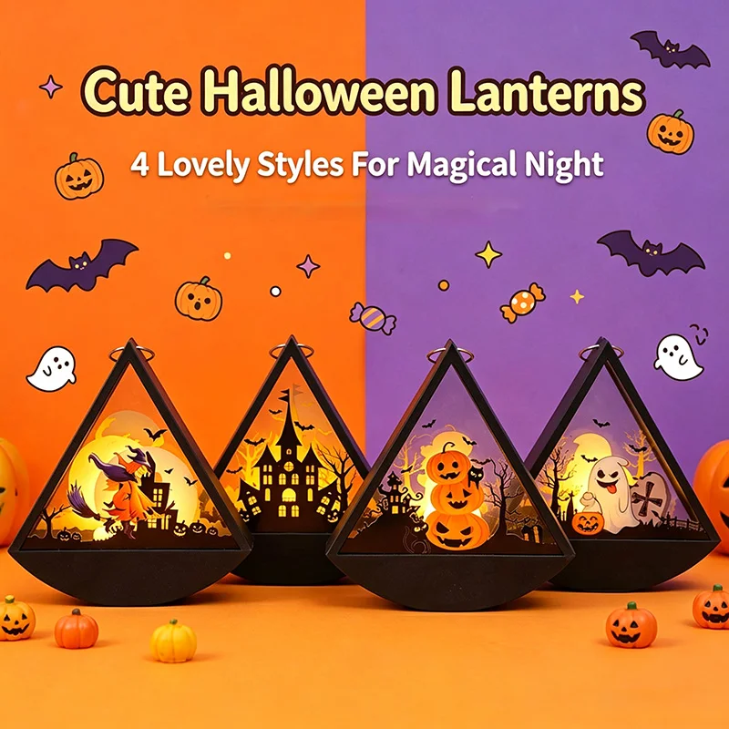 2Pcs Halloween Lantern Lights Witch Pumpkin Castle Themed Ornaments for Yard Garden Camping Home Party Table Centerpiece Decor