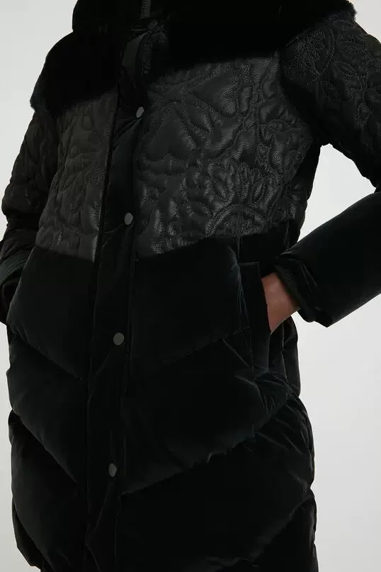 Foreign Trade Spain D Women's Cotton Jacket Black Gold Velvet Splicing Dark Flower Embroidery Hoodie Thickened Medium Long Style