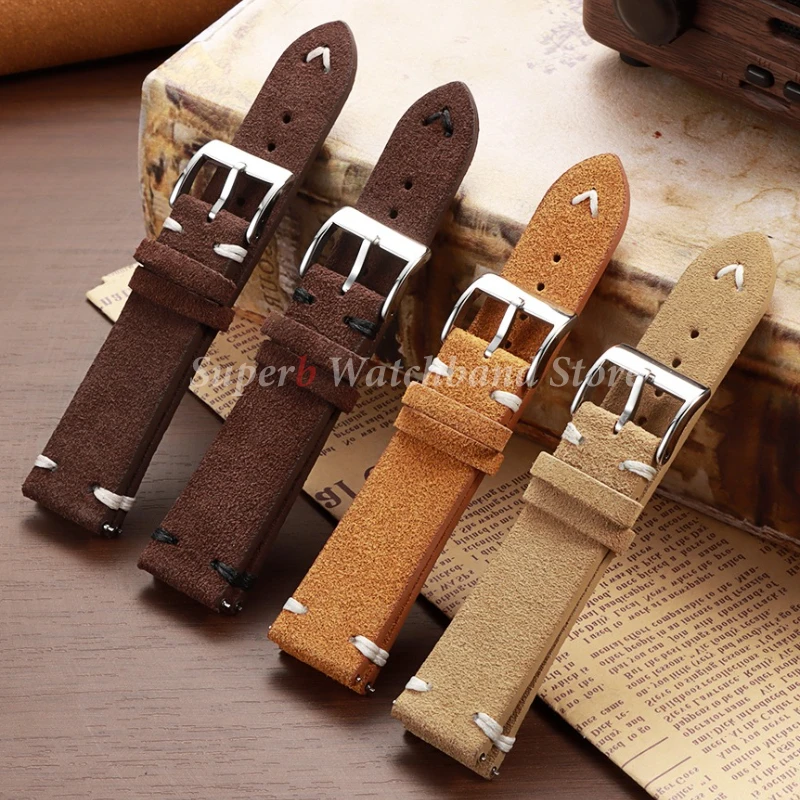 Pulseira de couro de camurça para seiko 18mm 20mm 22mm pulseira de relógio vintage pulseira de costura artesanal para huawei watch gt3/gt4