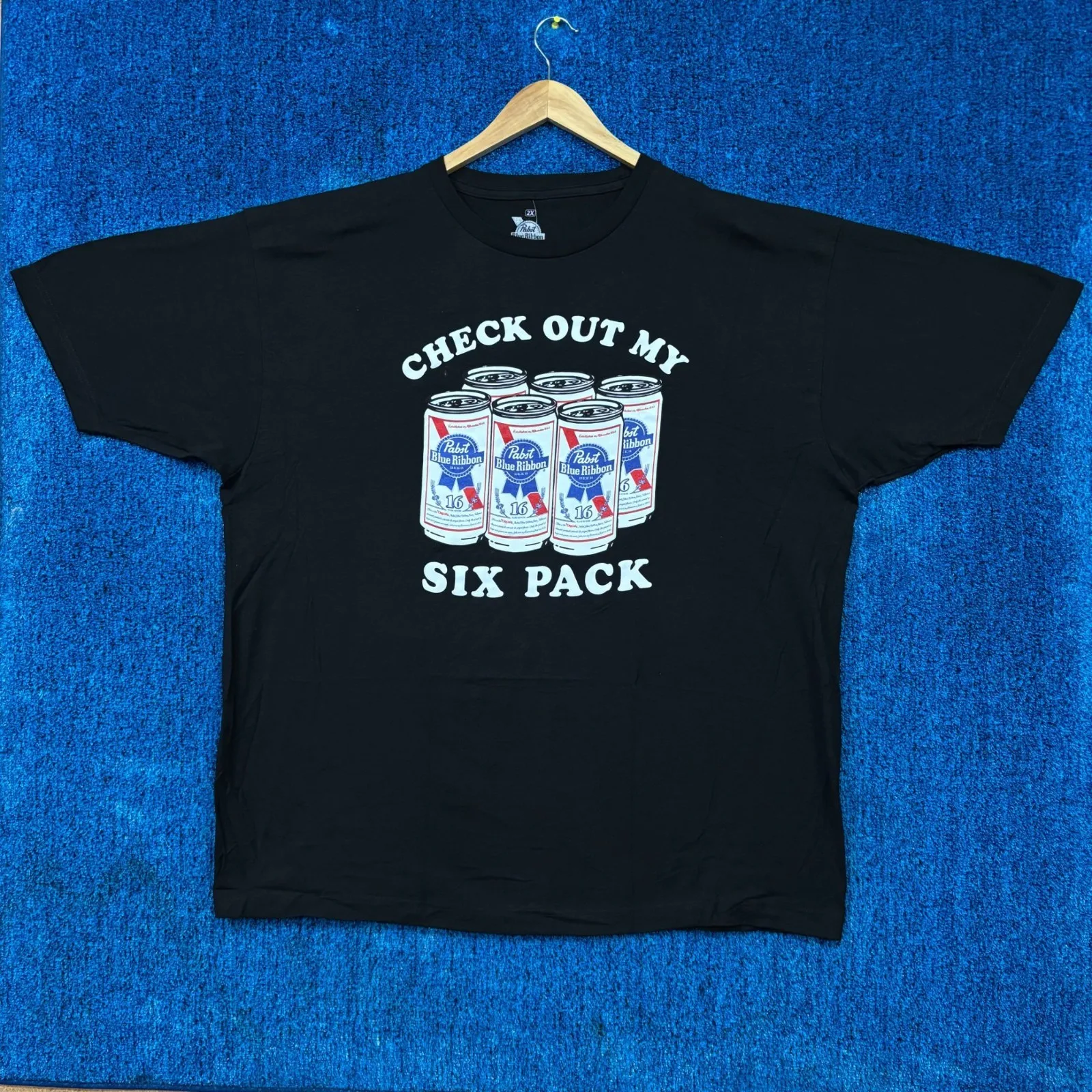 

Pabst Blue Ribbon Check Out My Six Pack Beer Promo Tee 2X graphic tee
