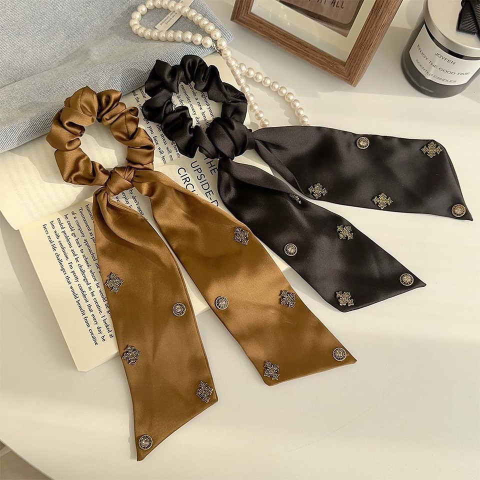  Light Luxury Satin Ribbon Hairband with Metal Cross Decorations and Elastic Band Vintage Style High-end Hair Accessories 