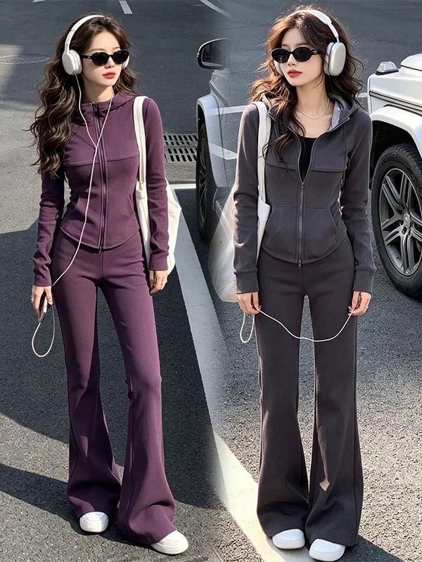 Slimming High-Rise Women's Fashion Set Hoodie Jacket And Micro Flared Pants Two-Piece Suit Casual Style Polyester Fiber