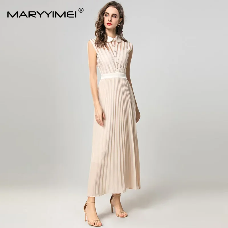 Gedivoen エレガントなフレンチスタイルマキシドレス人形の襟ノースリーブハイウエストロングプリーツドレス女性の夏の新着