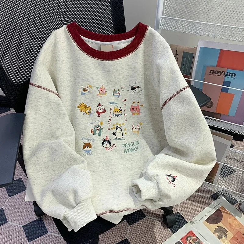 

Loose Round Neck Long Sleeve Thin 2025 Early Spring New Cute Cartoon Embroidered Casual Versatile Chic Top Sweatshirts