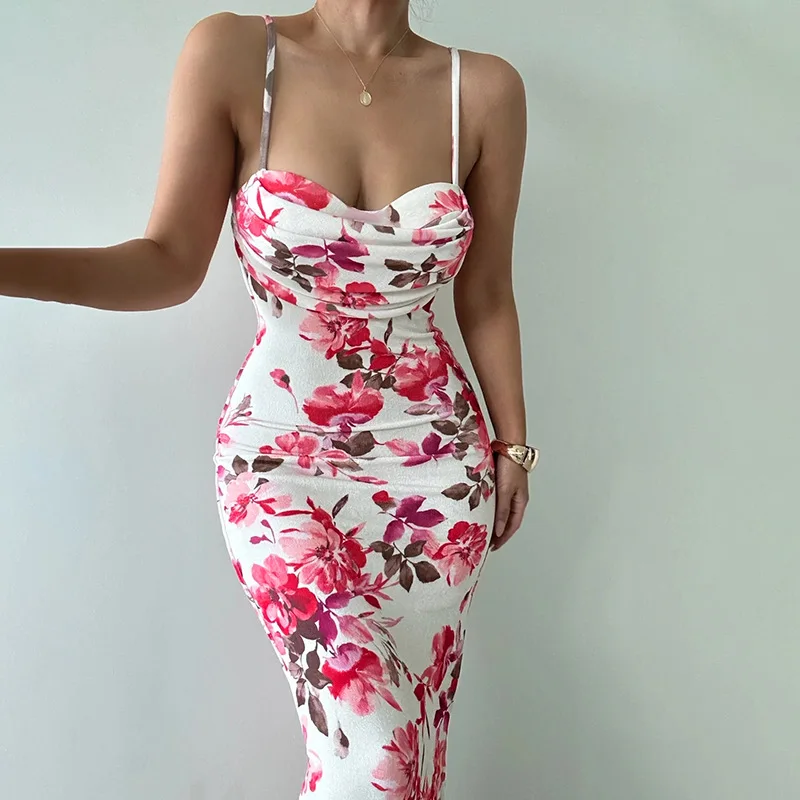 

New Back Split Sexy Camisole Long Dress Elegant Print Maxi Dress For Women Spaghetti Strap Sleeveless Backless Bodycon Dresses