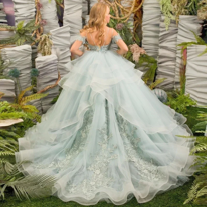 Vestidos de flores encantadores para niñas, apliques de tul con volantes y cuentas, vestidos de Primera Comunión para fiesta de boda