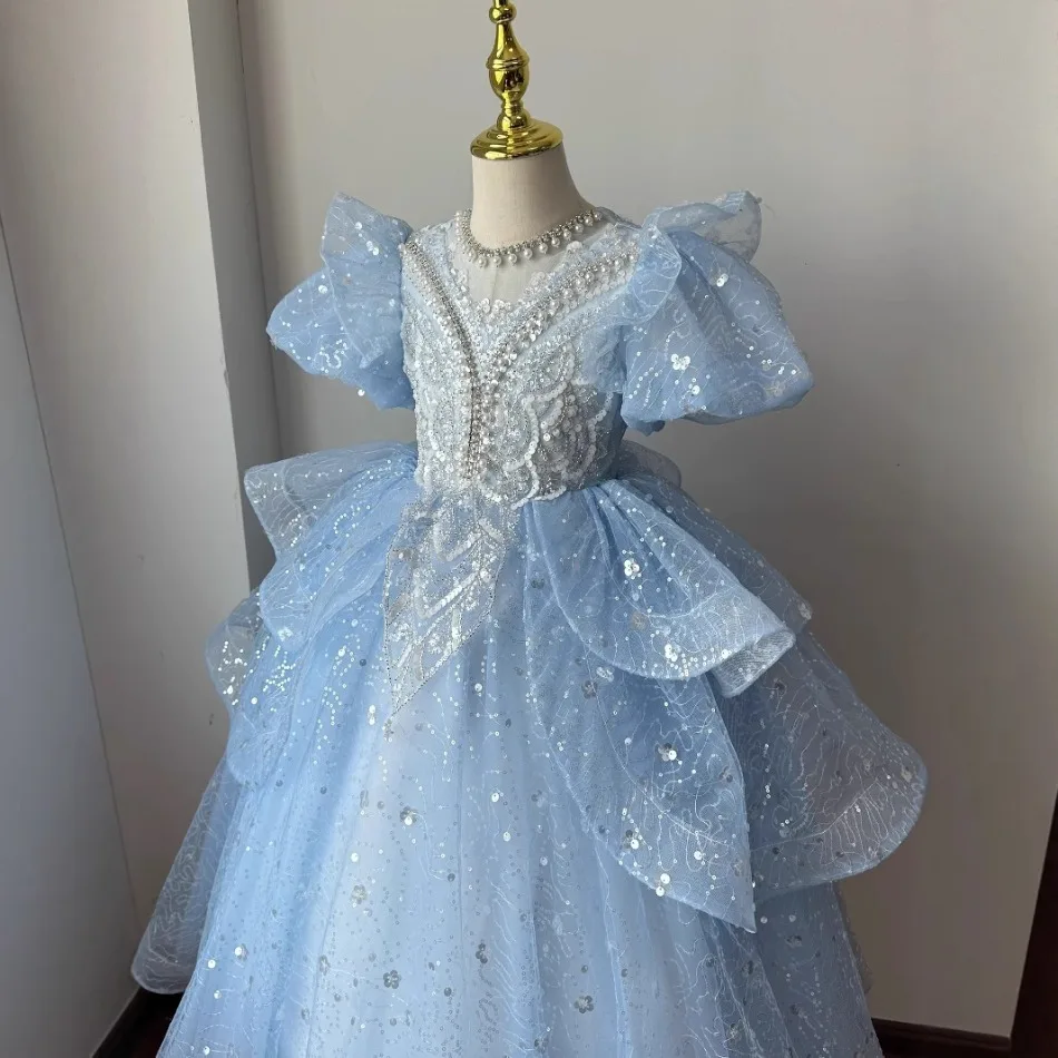 Toddler Girls Sparkly Tulle Long Dress Ruffle Puff Short Sleeve Rhinestone Embroidery Multi Tier Sequin Mesh Princess Party Gown