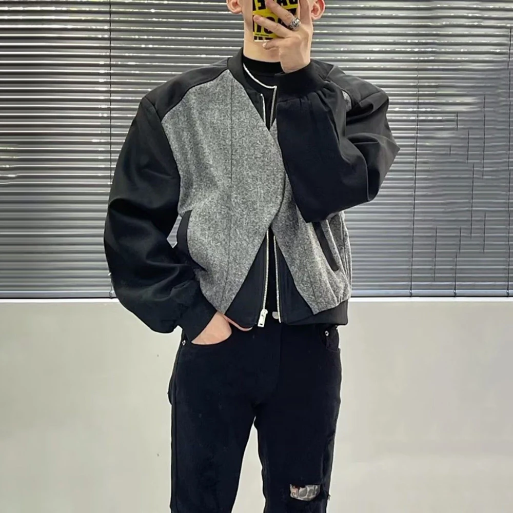Mens Autumn Jacket Woolen Patchwork Fake Two-Piece Zipper Contrast Color Casual Streetwear Male Top New Fashion Men'S Clothing