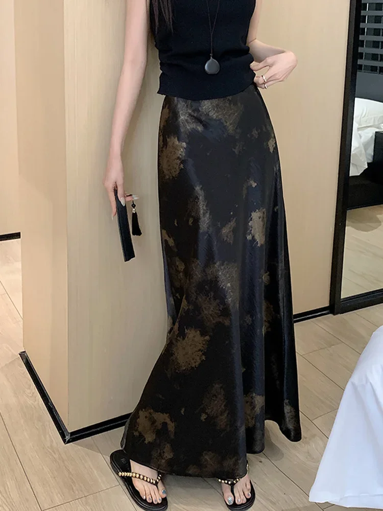 Zoki Retro Tie Dye Satin Long Skirts Women Elegant Korean Vintage Slim Trumpet Skirt Casual Summer Sweet Comfortable Long Skirt