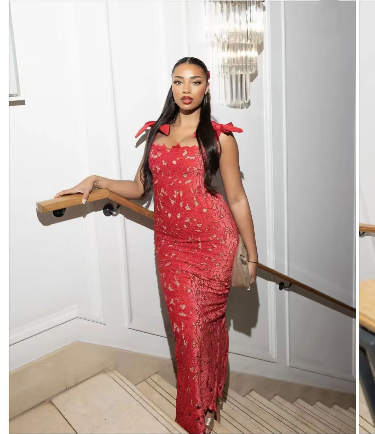 Black Embroidery Lace Dress Women Bow Strap Bodycon Maxi Dress With Slit Elegant Chic Evening Party Dresses Red Gown