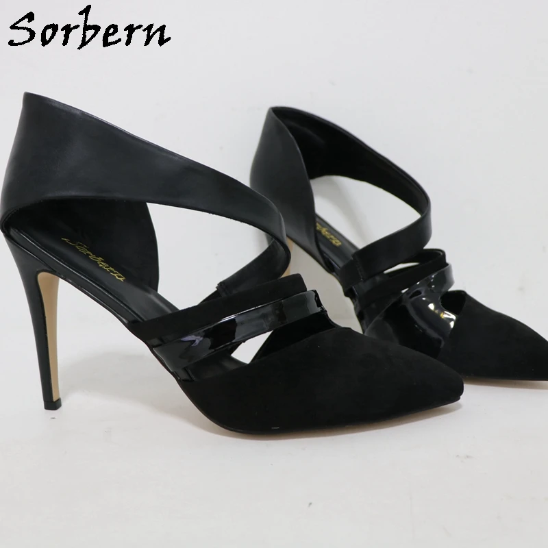 Sorbern sepatu Pump hak tinggi untuk wanita, sepatu selempang hak tinggi dengan tali stiletto ukuran Plus 45 46 47 multiwarna, sepatu Pump ujung lancip warna hitam untuk wanita