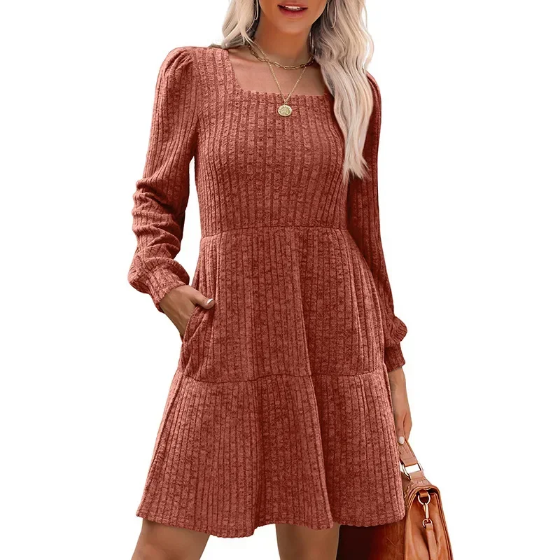 Pop 2025 Autumn Winter Women's Female Solid Color Dress Square Collar Long Sleeve Knitted Dress With Pocket Women's Pit Strip Dr