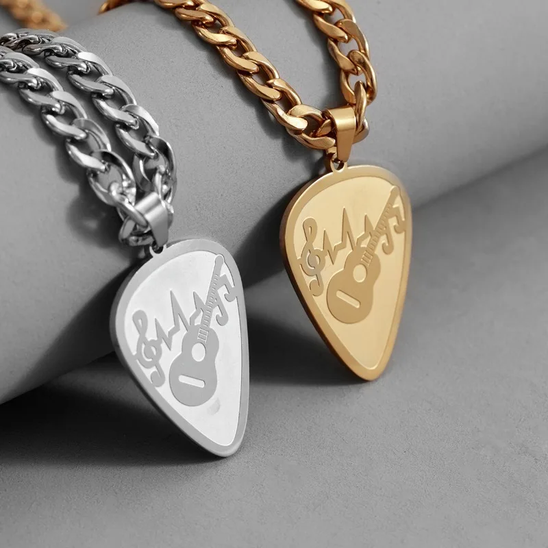 Collar con Colgante de Púa de Guitarra de Acero Inoxidable, Nota Musical, Joyería para Músico, Cadena Gruesa, Estilo Rock, Accesorio para Hombre y Mujer, Regalo