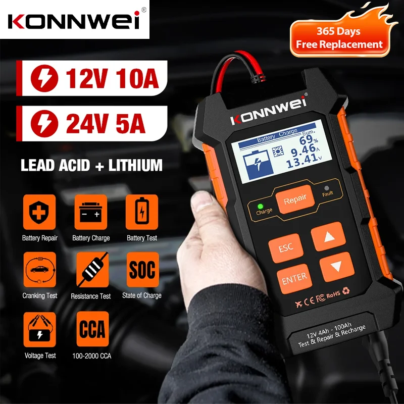 

2026 KONNWEI KW520 3-in-1 Car Truck Battery Tester 12V 10A 24V5A Charger Lead Acid Car Battery Pulse Repair Tool AGM Gel Lithium
