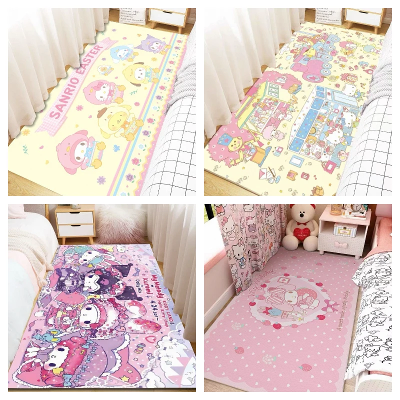 Alfombra de noche de estilo familiar Sanrio suave a la moda, alfombra pequeña antideslizante para el suelo del dormitorio, decoración acogedora para la habitación, estera de felpa con tema bonito