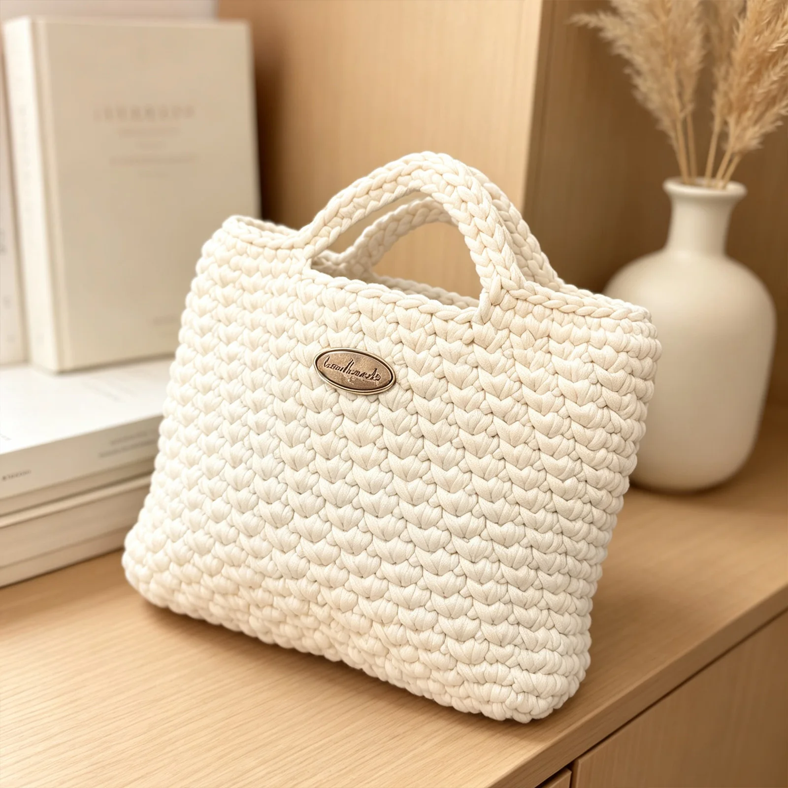 Autumn and Winter Style Women's Handbag, Crocheted Underarm Bag, Hand-Woven Bag with Large Capacity, Convenient for Carrying Items and Documents