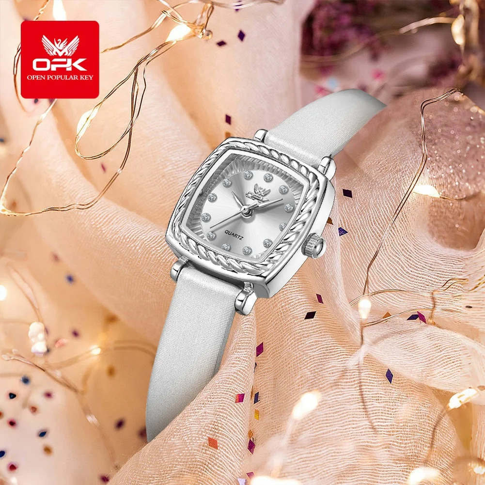OPK 6061 ساعة كوارتز أنيقة للسيدات بحزام جلدي ومقياس ألماس مقاومة للماء للسيدات