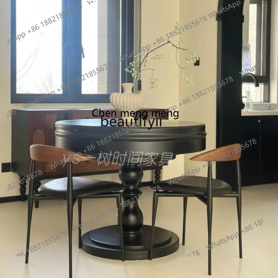 

French retro telescopic deformation round table new round solid wood dining table with turntable