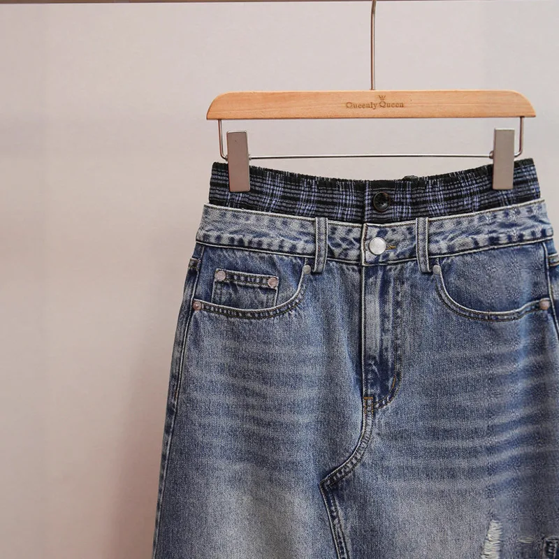 ANJY 秋の新女性ハイエンドファッションフェイクツーピース不規則なデザインスリットデニムスカートオフィスレディシックイン A ラインスカート A12664