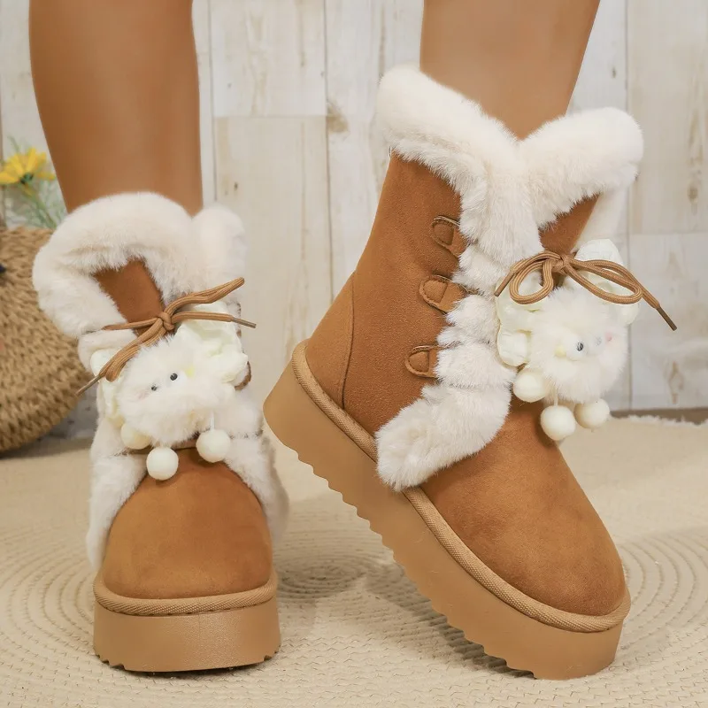 

Frosted Velvet Snow Boots Winter New Round Toe Lace-up Platform Non-slip Thermal Cotton Shoes