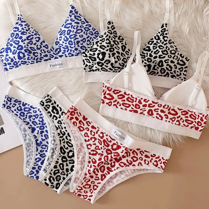 1/4 zestaw damski biustonosz bezszwowy zestaw majtki z niskim stanem Leopard Bralette seksowny komplet bielizny Vneck biustonosz sportowy damska