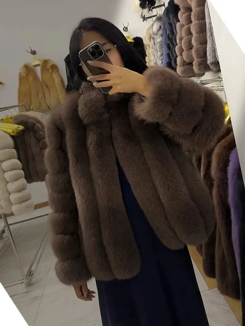 2023 New Style Women Fur Coat Real Fox Fur Jacket Natural Fox Fur Short Style Clothing Full Length Sleeve Female Coat