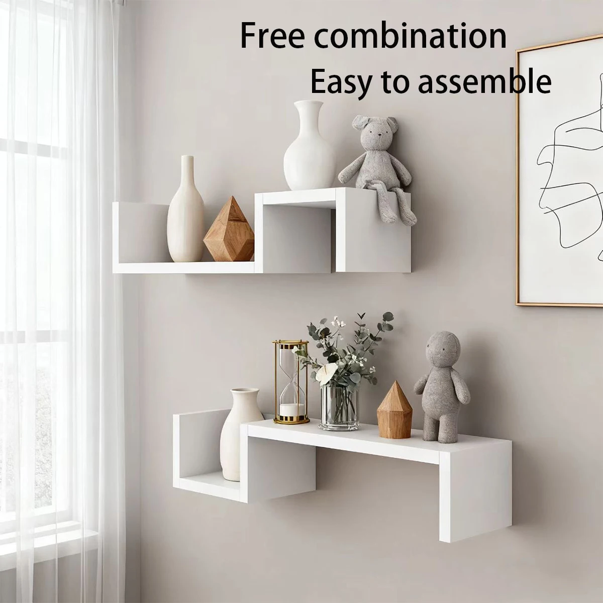 2pcs White S-Shaped Floating Wall Shelves, Modern Geometric Display Rack for Bedroom & Living Room
