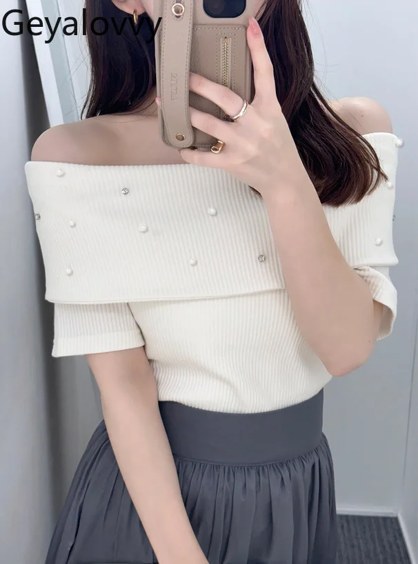 

Summer New 2025 Japanese Sweet Pearl Decorated Off-shoulder Short Sleeve T-shirt Versatile Solid Color Slim-fit Knitted Tops