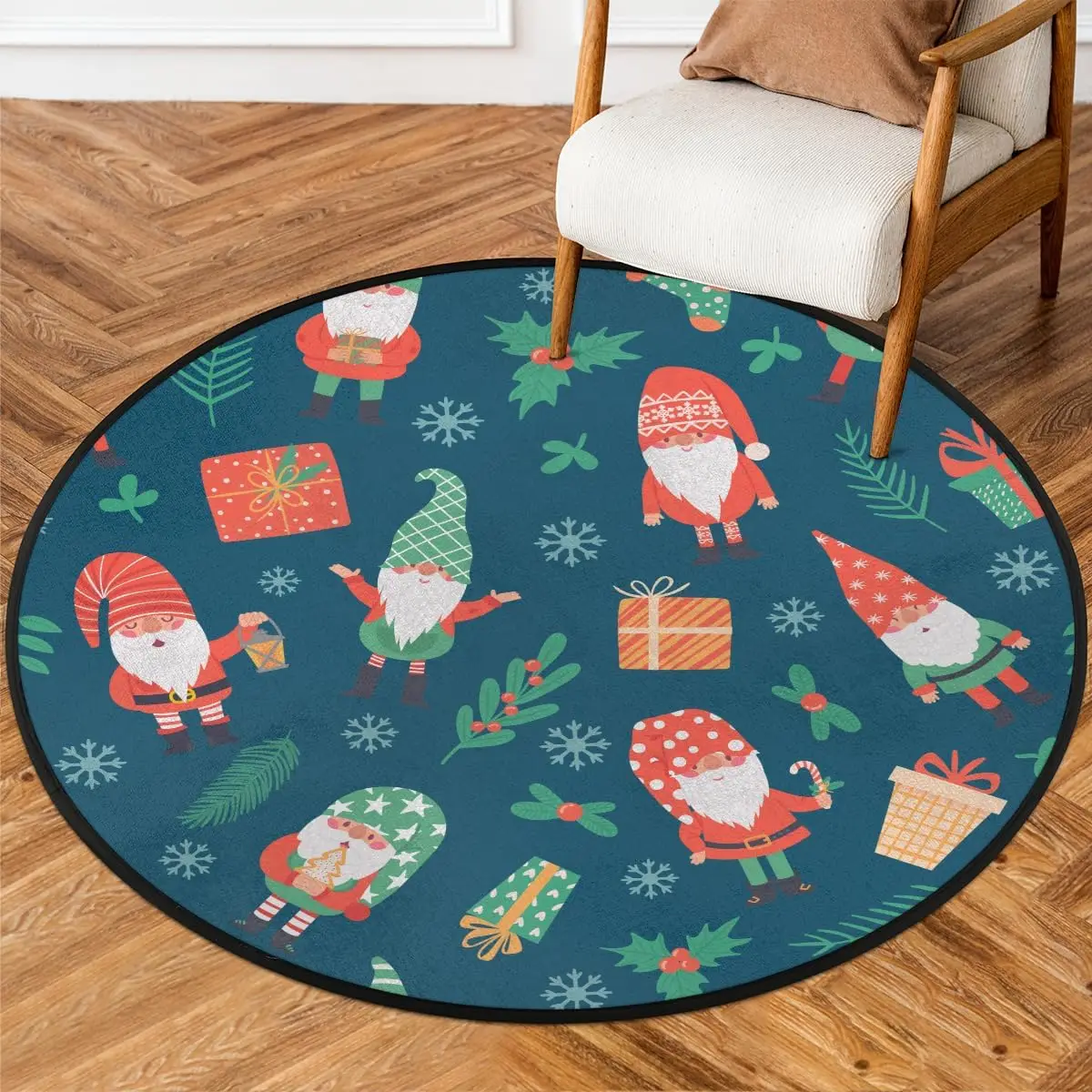 Gifts of Santa Claus Round Rug,Washable Soft Circular Floor Mat, Non Slip Low Pile Area Rugs for Kids Room Bedroom Bathroom