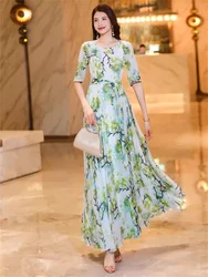 Women Dress 2024 New Chiffon Silk Acetate Original Single Ladies Summer Fashionable High-end Printing Medium Long A-line Skirt