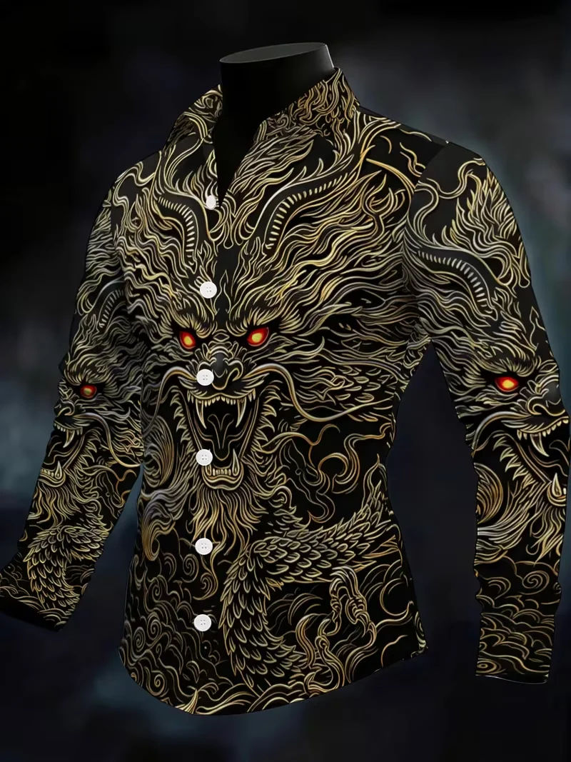 New men's tribal style long sleeved shirt with earth color, geometric totem splicing, printed trendy collar top