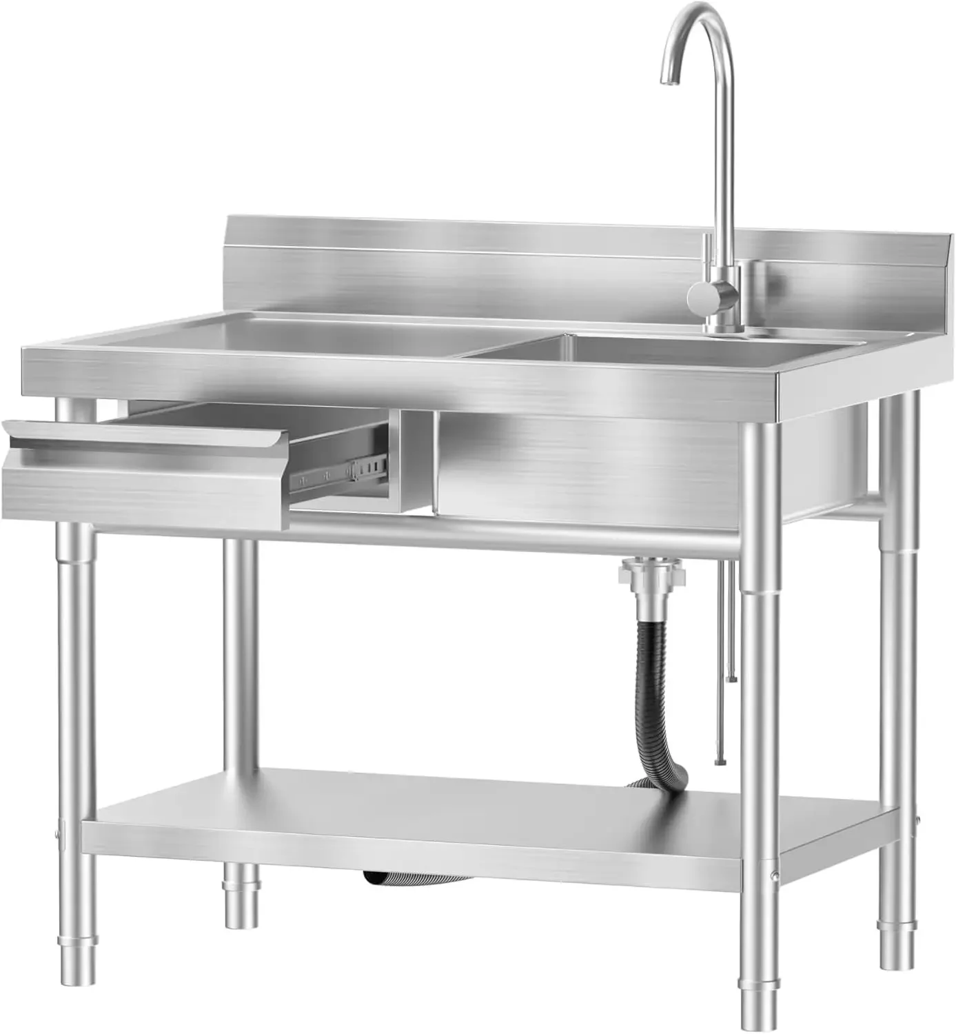 40 Inch Stainless Steel Utility Sink，Free Standing， Equipped With Hot and Cold Water Pipes, Workbench Drawers for Storage,Suitab