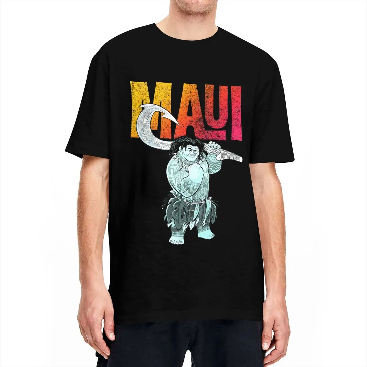 Leisure Moana Maui Gradient Text Tough Pose T-Shirt for Men Women 100% Cotton T Shirt Short Sleeve Tees Big Size Clothing