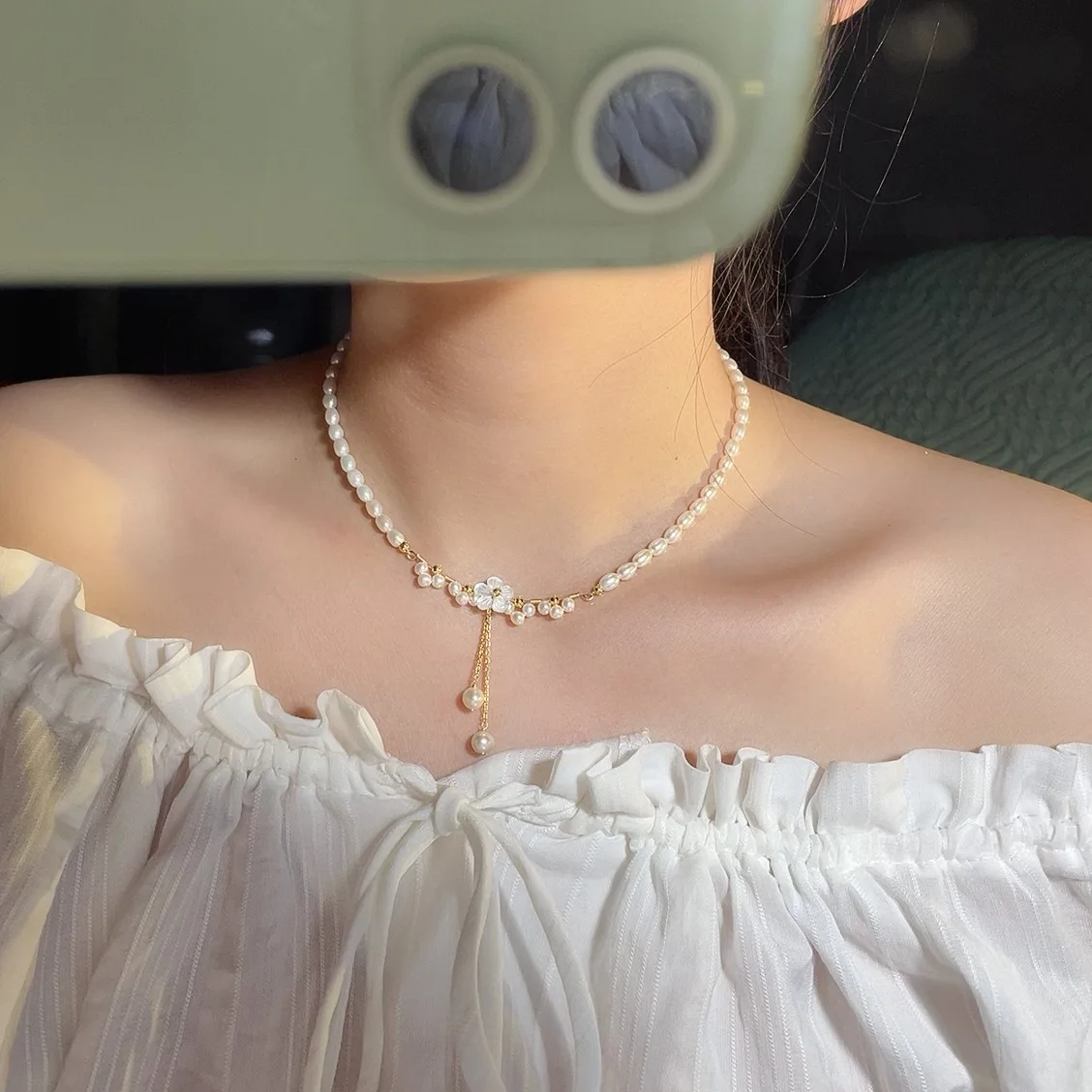 4-5mm Natural Baroque Freshwater Pearl Necklace, Small Flower Fringe Choker, Unique Statement Jewelry Gift