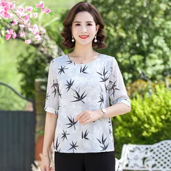 Summer Women Imitation silk Blouses Short Sleeve O-neck Blouse Shirt Middle Aged Female Blusas Mujer De Moda Femme