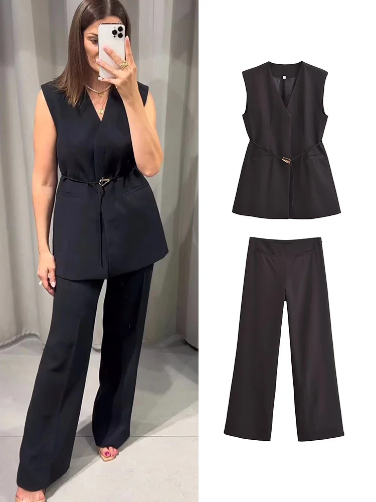 Autumn Two Piece Women Vest Pant Suit 2024 Office Ladies Sleeveless V-neck Coat Top With Belt Side Zipper Straight Trousers