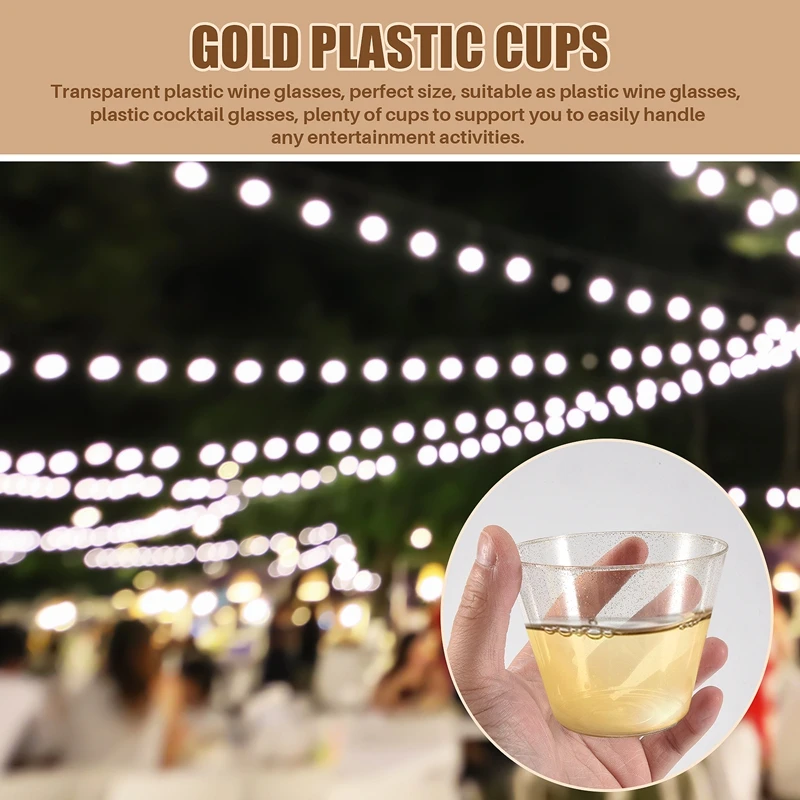 Gold Plastic Cups Clear Plastic Wine Glasses, Fancy Disposable Hard Plastic Cups With Gold Glitter For Party Cups